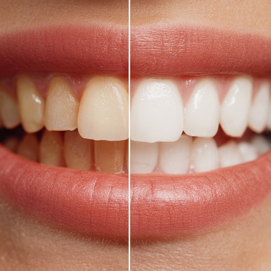 Close-up of person’s smile before and after teeth whitening