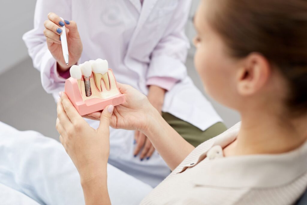 A dentist showing a female patient a model of a dental implant in the jaw.