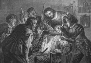 Medieval depiction of dentist treating his patient